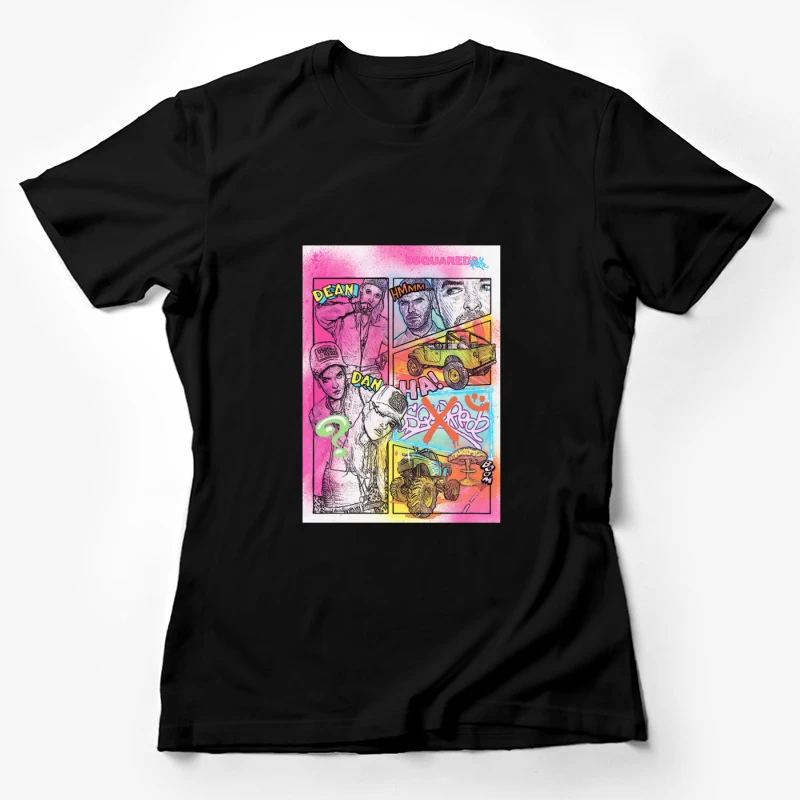 Bunte Comic-Collage mit Fahrzeugen und Figuren Damen T-Shirt