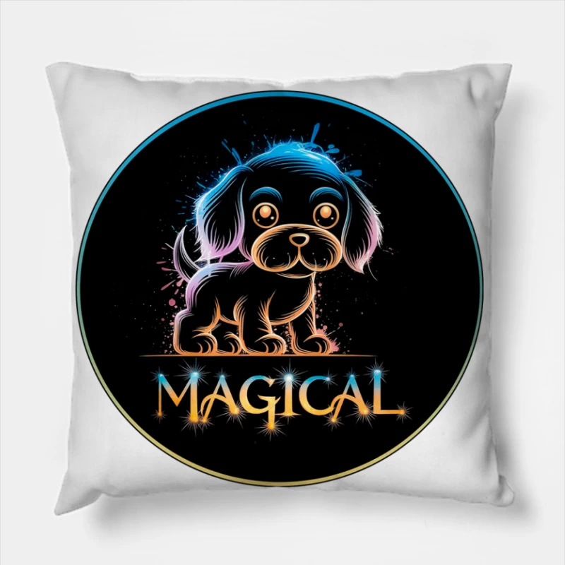 Magical Neon Puppy Art Throw Pillow