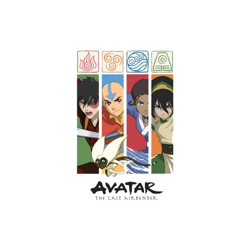 Avatar: The Last Airbender Character Panel with Elemental Symbols Throw Pillow