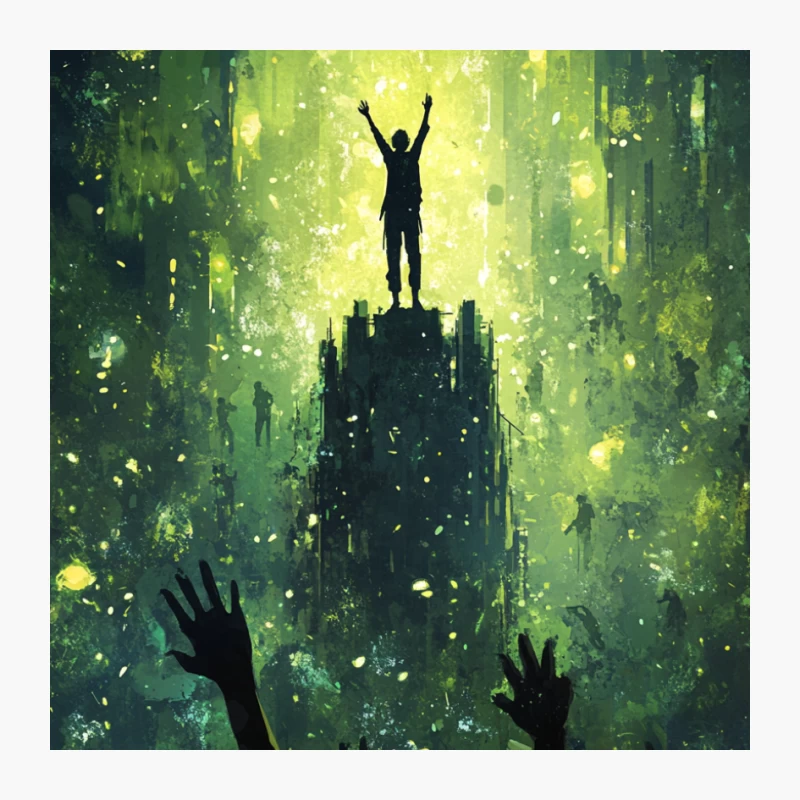 Triumphant Silhouette Amidst Mystical Light and Celebrating Crowd Pin
