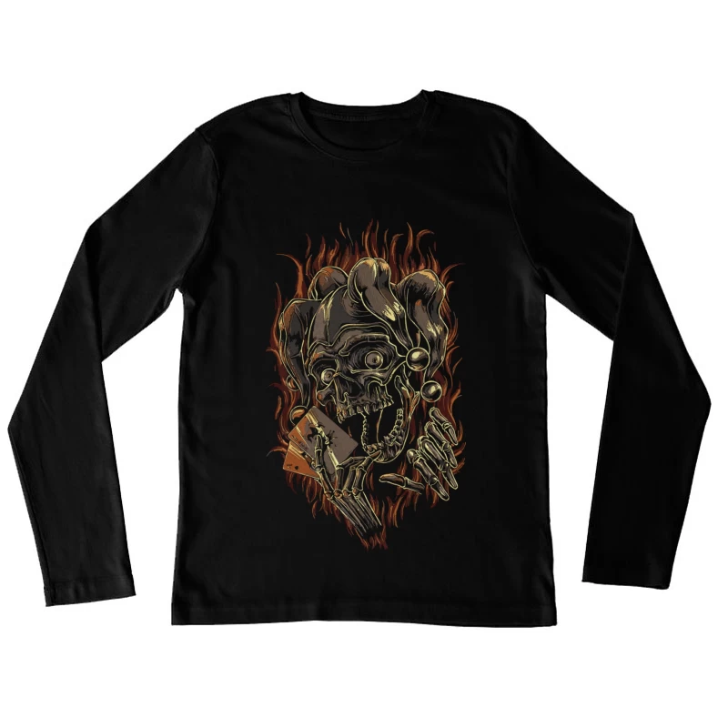Skull Jester with Playing Cards and Flames Female Long Sleeve T-Shirt