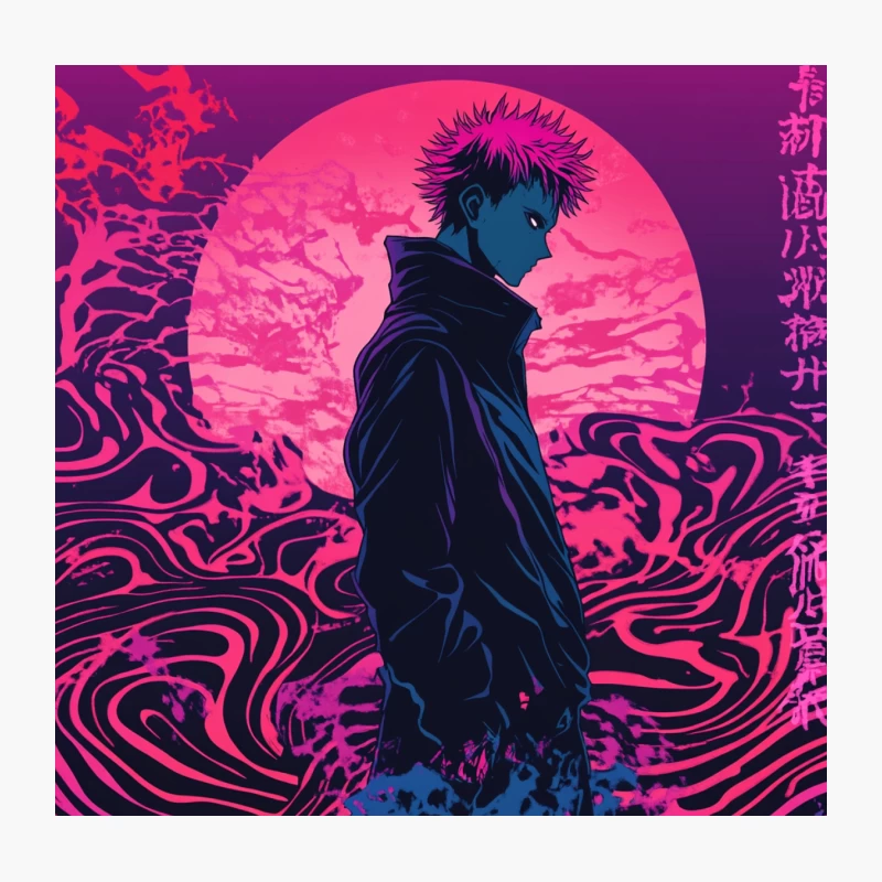 Neon Anime Silhouette Against Pink Moon with Japanese Text Throw Pillow