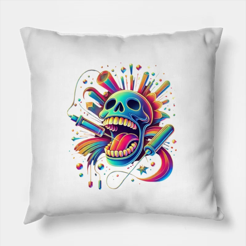 Psychedelic Rainbow Skull Pop Art Design Throw Pillow