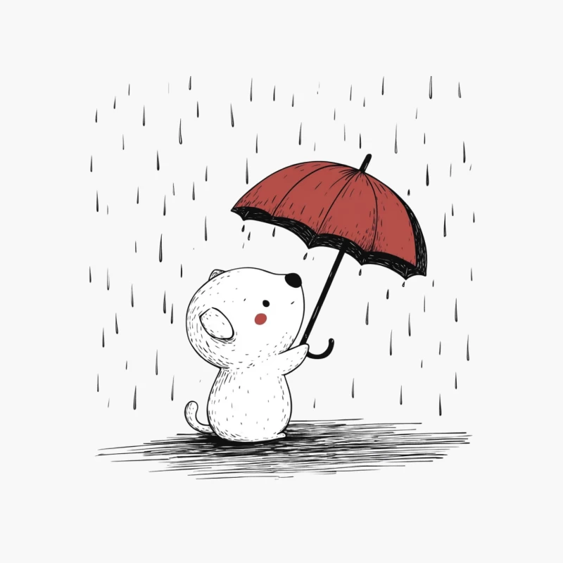 Cute White Character with Red Umbrella in the Rain Cotton Tote Bag
