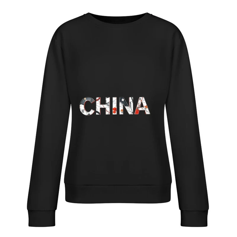 Artistic China Typography with Oriental Floral Design Female Pullover Sweatshirt