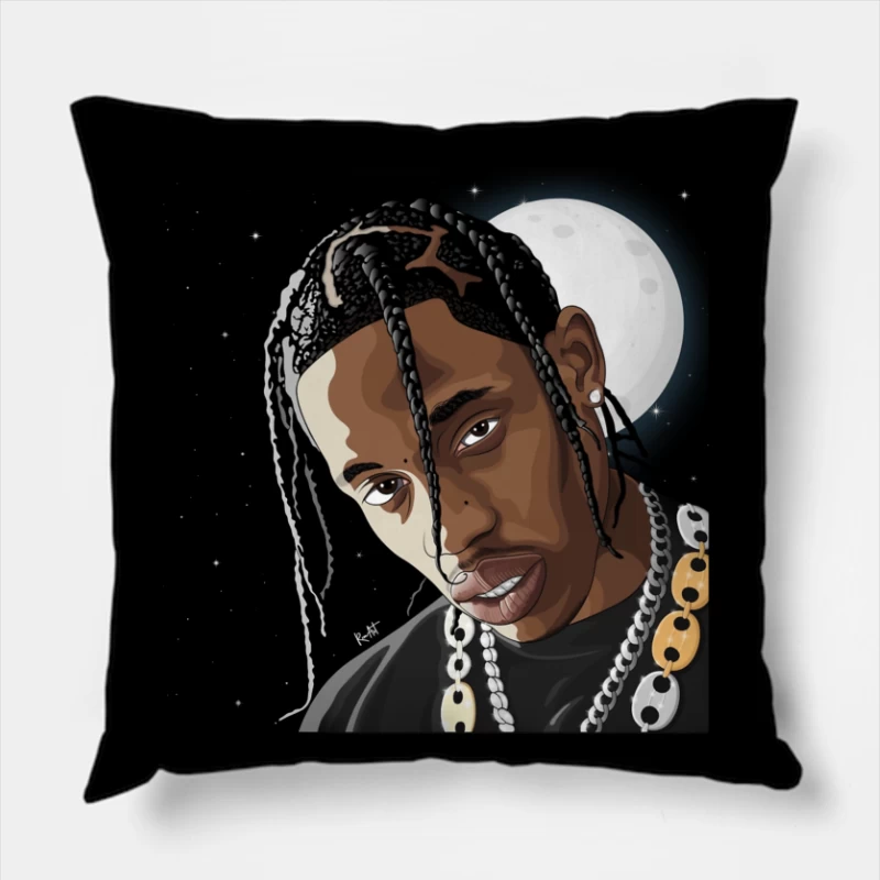 Artistic Digital Portrait with Moon Background Throw Pillow