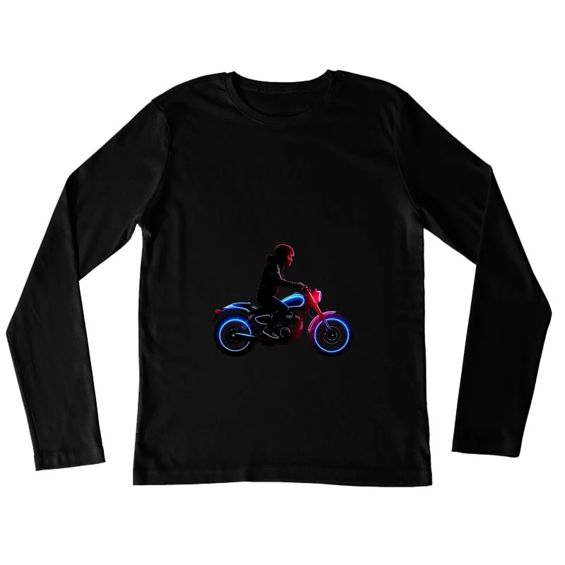 Neon-Lit Motorcycle Rider Silhouette Female Long Sleeve T-Shirt