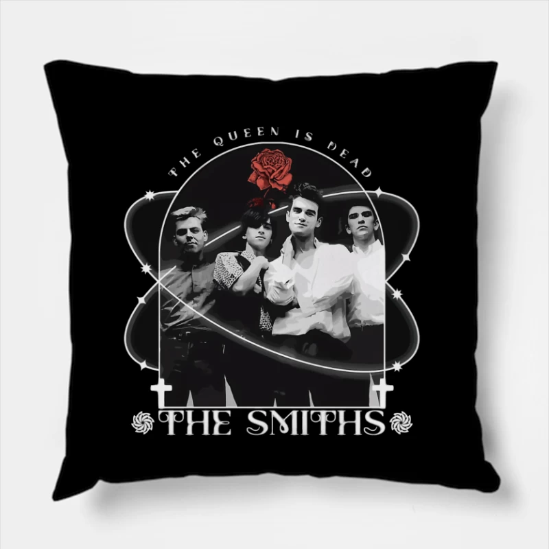 The Smiths - Vintage Black and White Band Portrait with Red Rose Throw Pillow