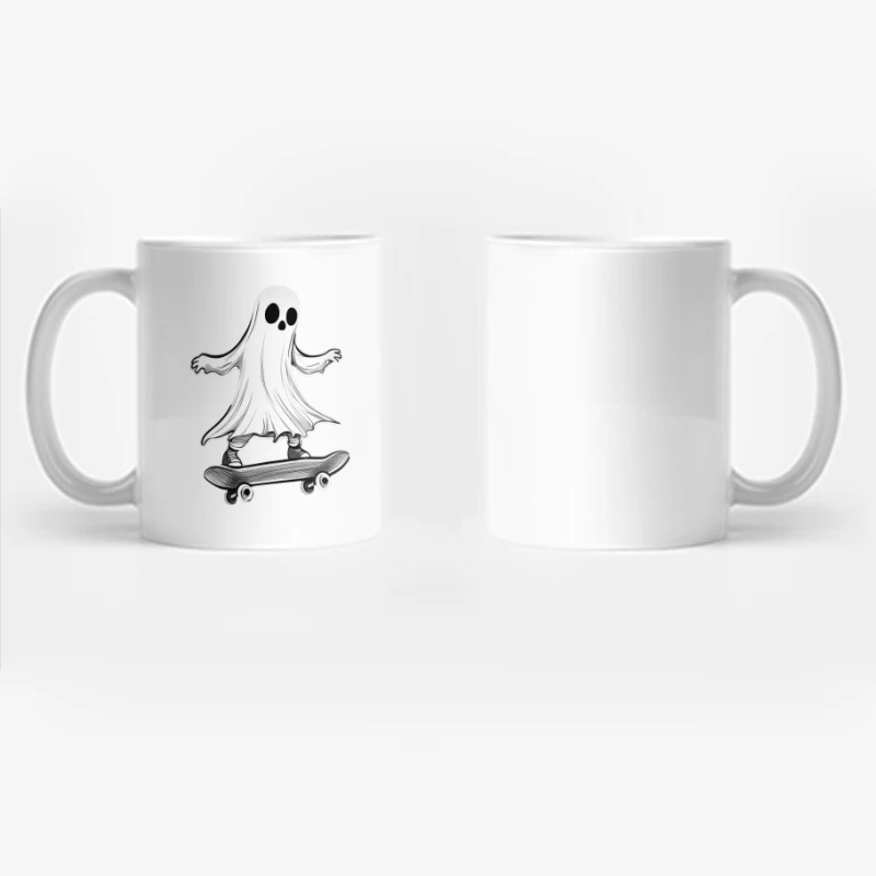 Cute Cartoon Ghost Skateboarding: A Spooky Halloween Illustration Coffee Mug