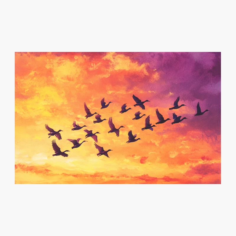 Flock of Birds Silhouetted Against Vibrant Sunset Sky Travel Mug