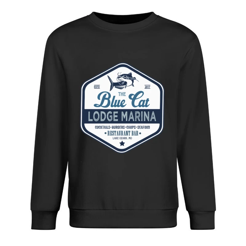 The Blue Cat Lodge Marina Restaurant and Bar - Vintage Nautical Logo Design Male Pullover Sweatshirt