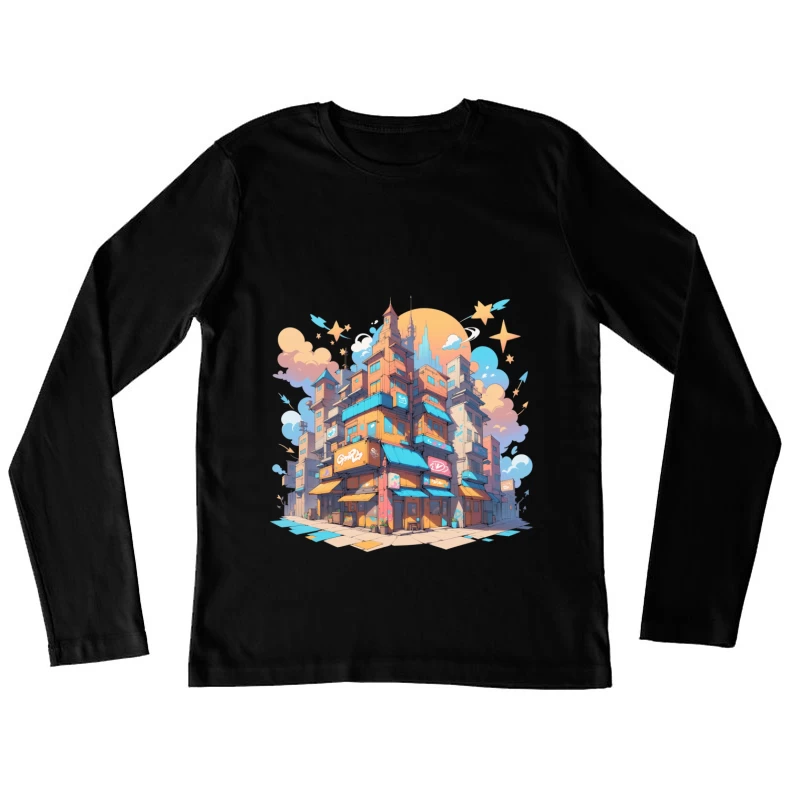 Colorful Urban Cityscape in Cartoon Style Female Long Sleeve T-Shirt