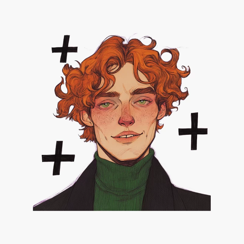 Digital Illustration of Character with Red Curly Hair in Green Turtleneck Cotton Tote Bag