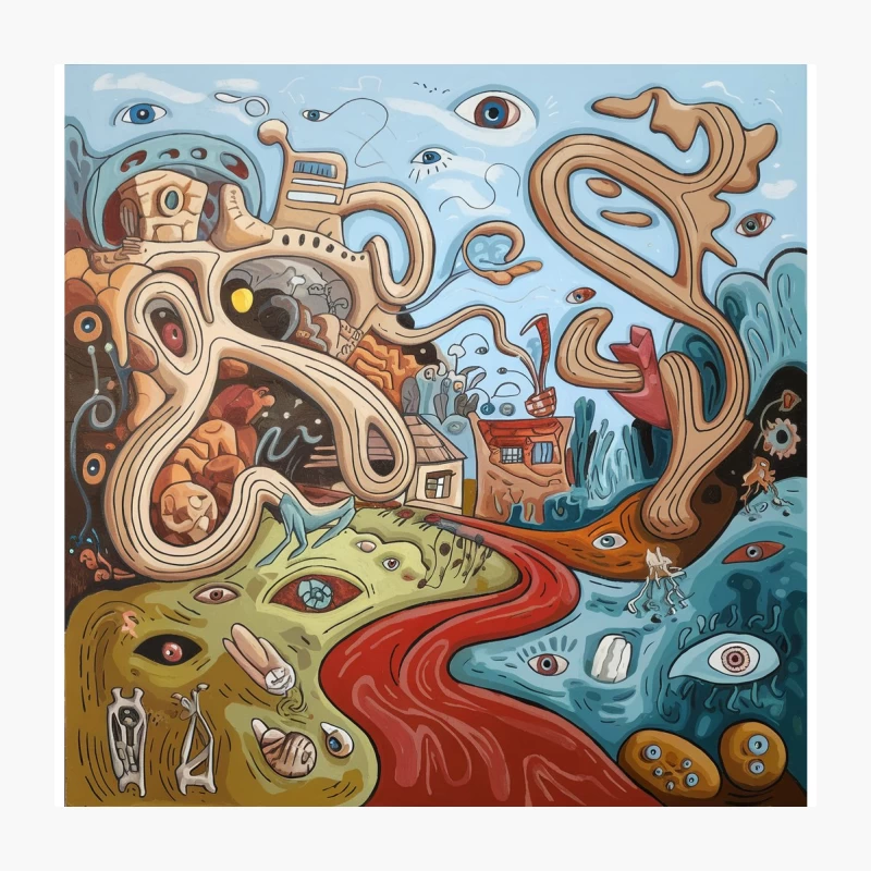 Surreal Psychedelic Dreamscape with Organic Shapes and Eyes Throw Pillow