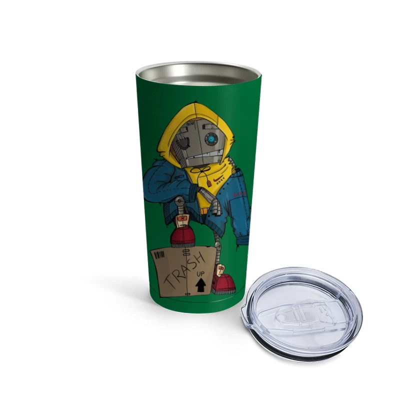 Cute Robot in Yellow Hoodie with Cardboard Box Travel Mug