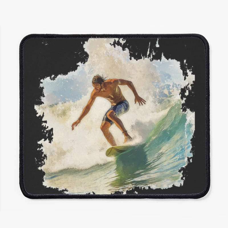 Dynamic Watercolor Surfer Riding Turquoise Wave Mouse Pad