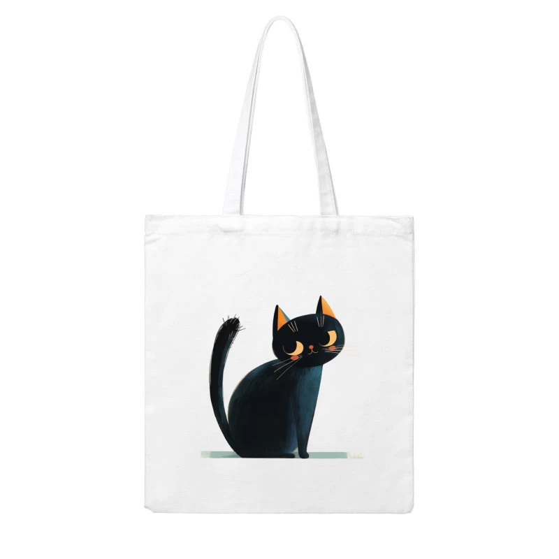 Adorable Black Cat Cartoon Illustration with Orange Ears Cotton Tote Bag