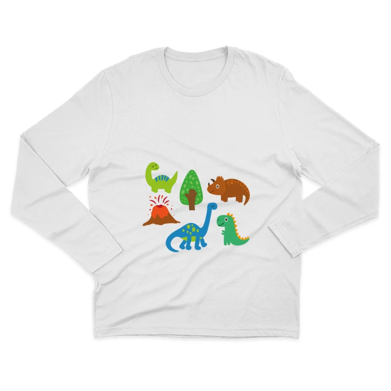 Colorés dinosaures et volcan Homme Manches Longues T-Shirt