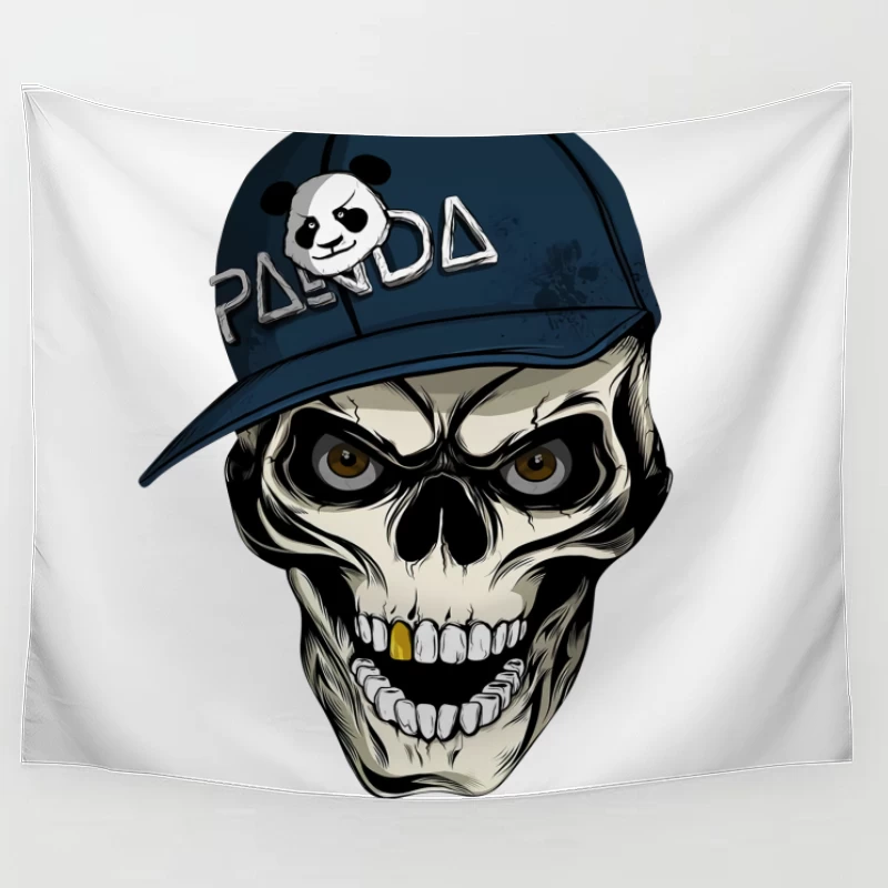 Skull with Panda Cap Graphic Illustration Tapestry