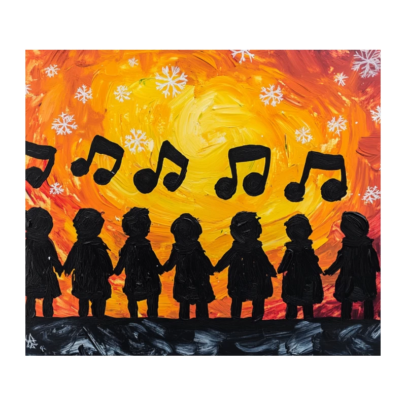 Musical Silhouettes Against Winter Sunset Tapestry