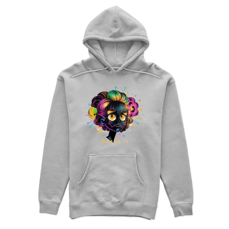 Whimsical Cartoon Character with Rainbow Hair and Paint Splashes Female Pullover Hoodie