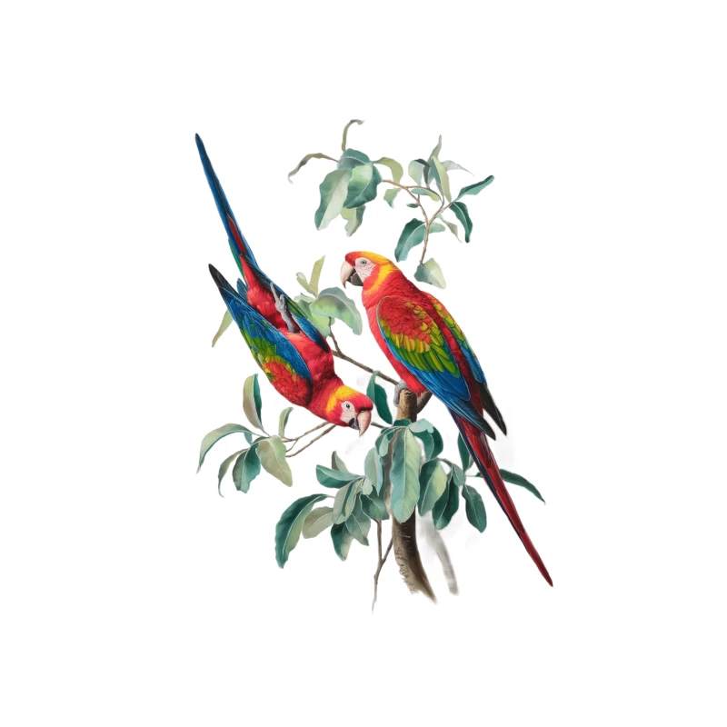 Vibrant Macaws Perched on Leafy Branch: A Tropical Wildlife Illustration Tapestry