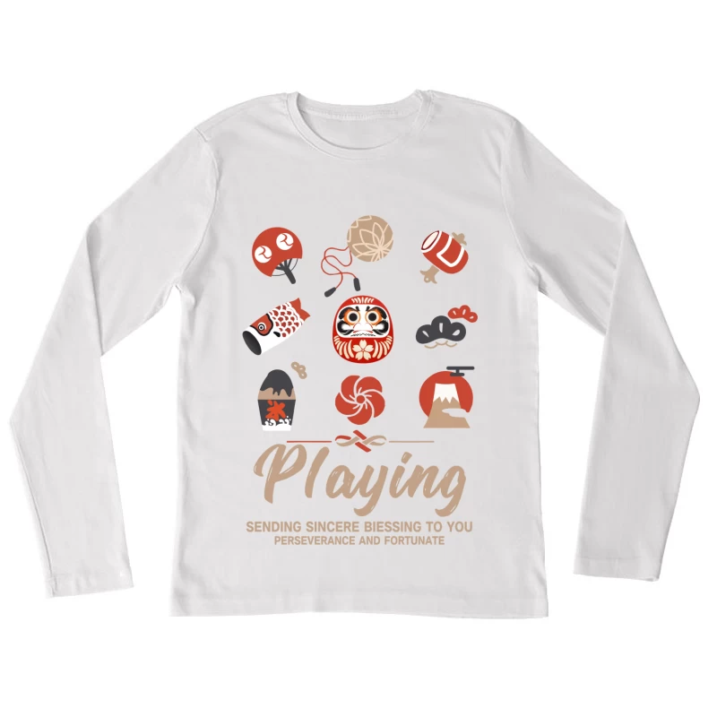 Japanische Glückssymbole und Wünsche Damen Langarm T-Shirt
