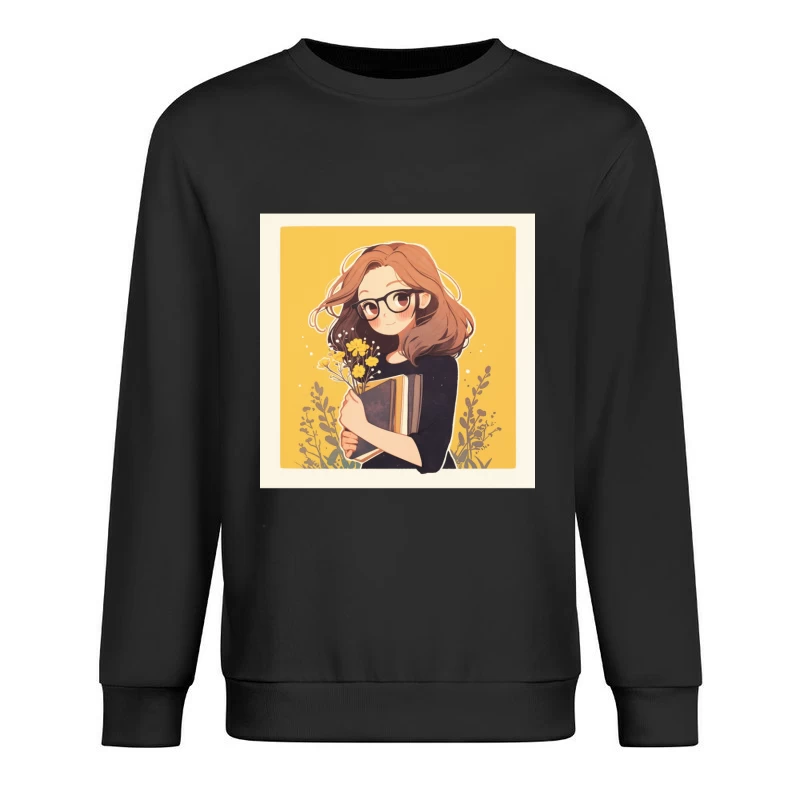 Bookish Girl with Yellow Flowers - Anime Style Illustration Male Pullover Sweatshirt