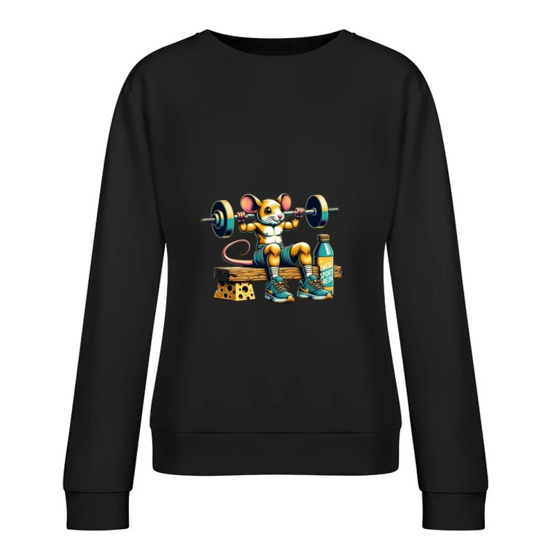 Buff Mouse's Weightlifting Workout with Cheese and Sports Drink Female Pullover Sweatshirt