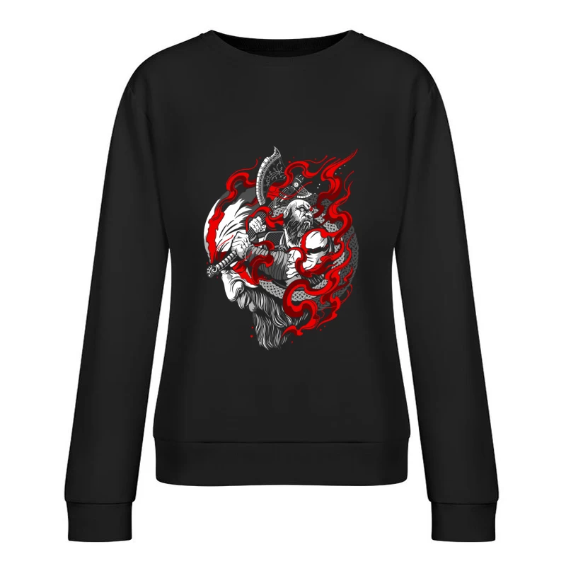 Fierce Warrior with Axe and Flames Female Pullover Sweatshirt