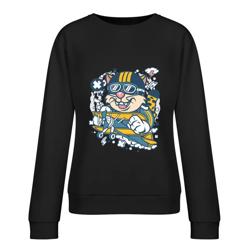 Chat aviateur avec avion biplan coloré Femme Sweat-shirt à enfiler