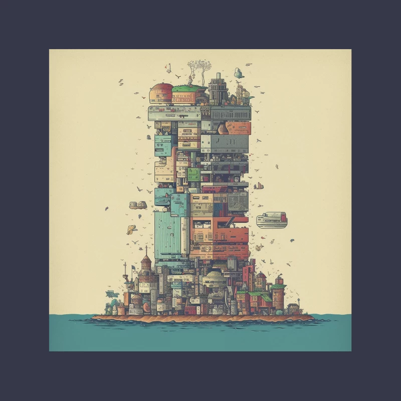 Retro-Futuristic Vertical City Island Tapestry