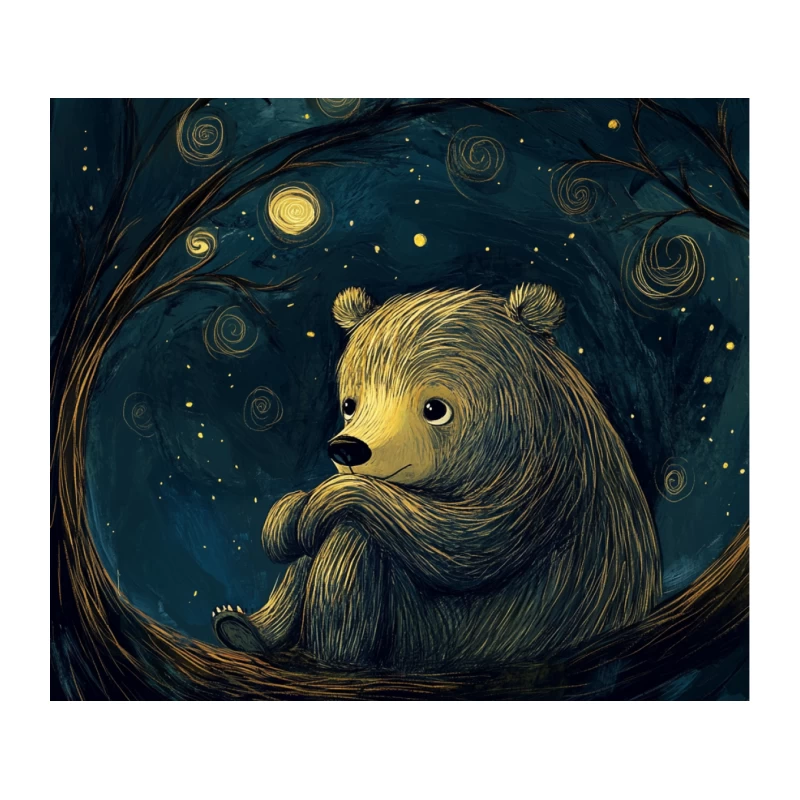Whimsical Bear Under Starry Swirling Night Sky Tapestry