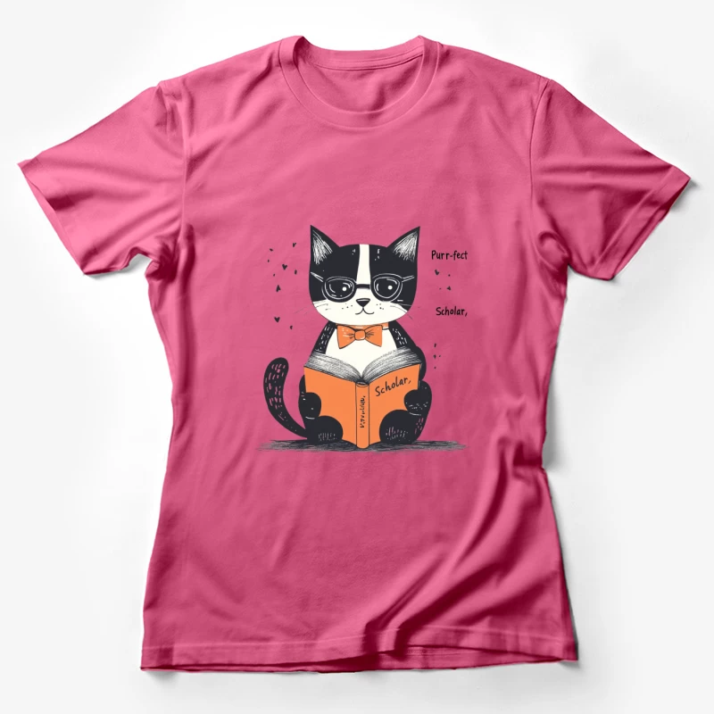 Scholarly Cat: A Cute Cartoon Feline Reading with Glasses and Bow Tie Female T-Shirt