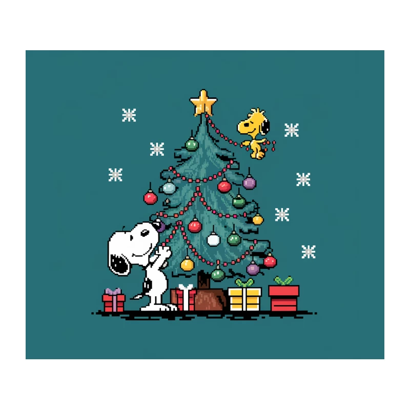 Snoopy and Woodstock Decorating Christmas Tree in Pixel Art Style Tapestry