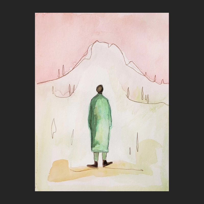 Solitary Figure in Green Coat Facing Mountain Landscape Male Pullover Sweatshirt