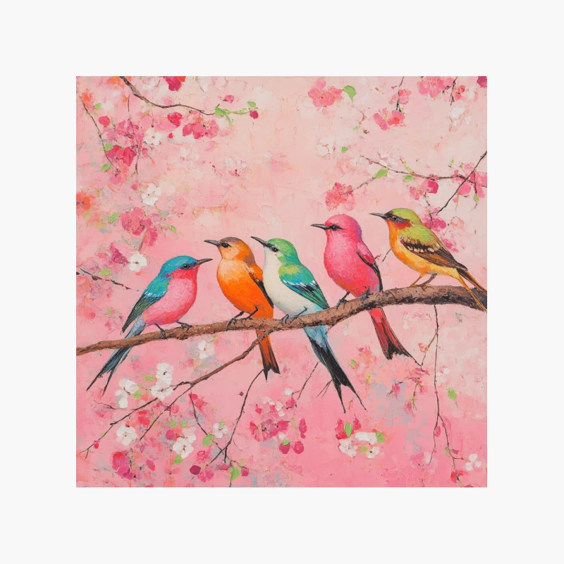 Colorful Birds on Cherry Blossom Branch Cotton Tote Bag