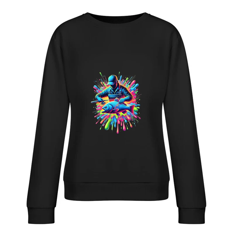 Neon Fishing Adventure Digital Art with Vibrant Color Splash Female Pullover Sweatshirt