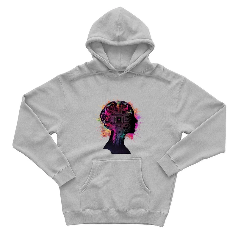 Digital Mind: AI Circuit Profile with Colorful Neural Splashes Male Pullover Hoodie