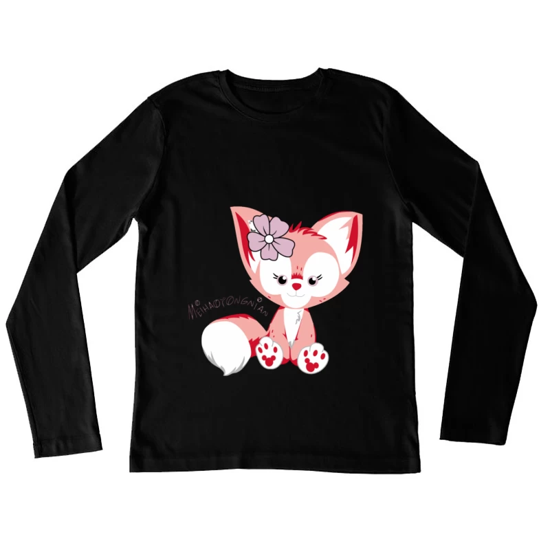 Niedlicher rosa Fuchs mit Blume Damen Langarm T-Shirt