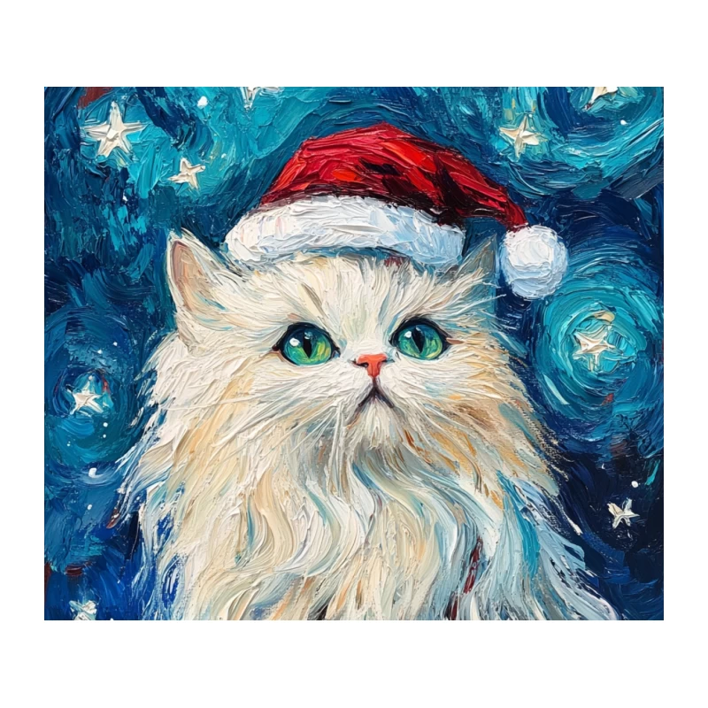 White Cat with Santa Hat in Starry Night Painting Tapestry