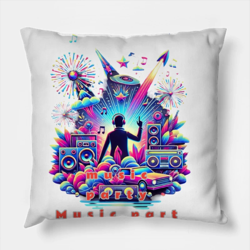 Neon Retro DJ Music Party Illustration Throw Pillow