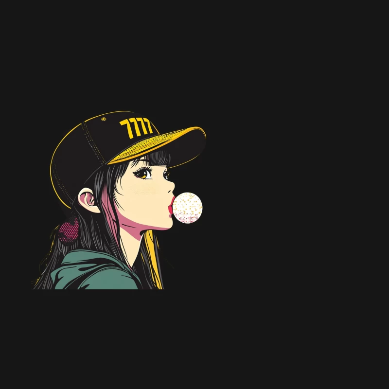 Stylized Anime Girl with Baseball Cap Blowing Bubble Gum Desk Mat