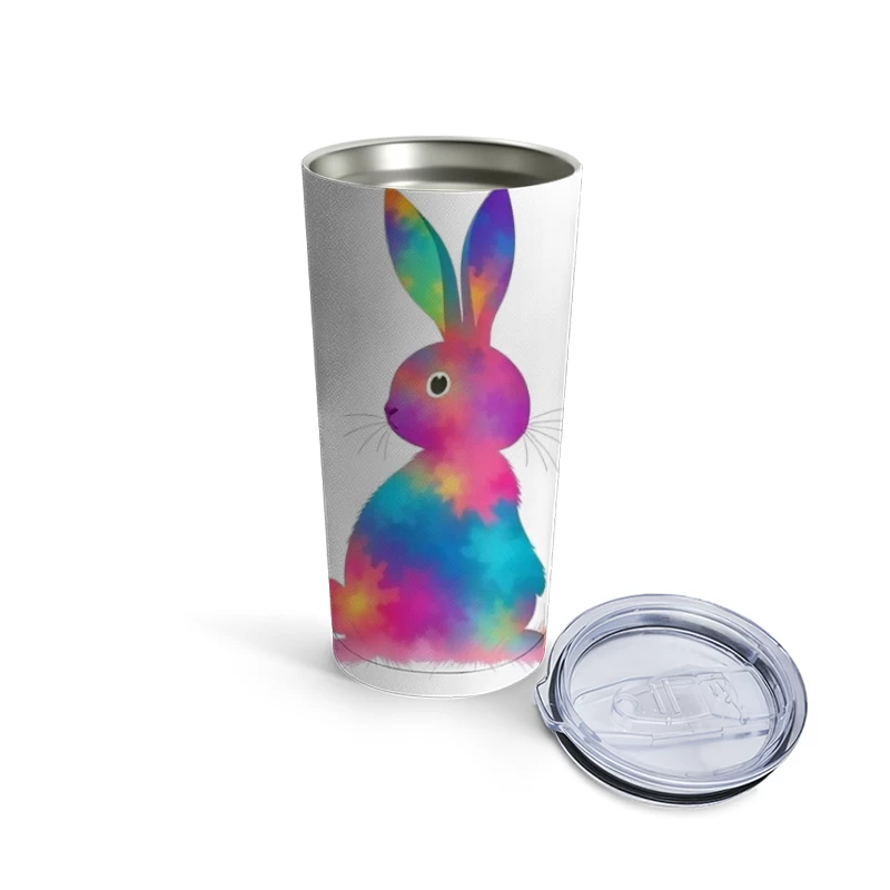 Whimsical Rainbow Watercolor Bunny Illustration Travel Mug