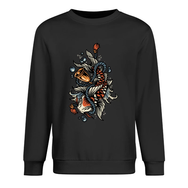 Koi Fish Tattoo Illustration with Bubbles Male Pullover Sweatshirt