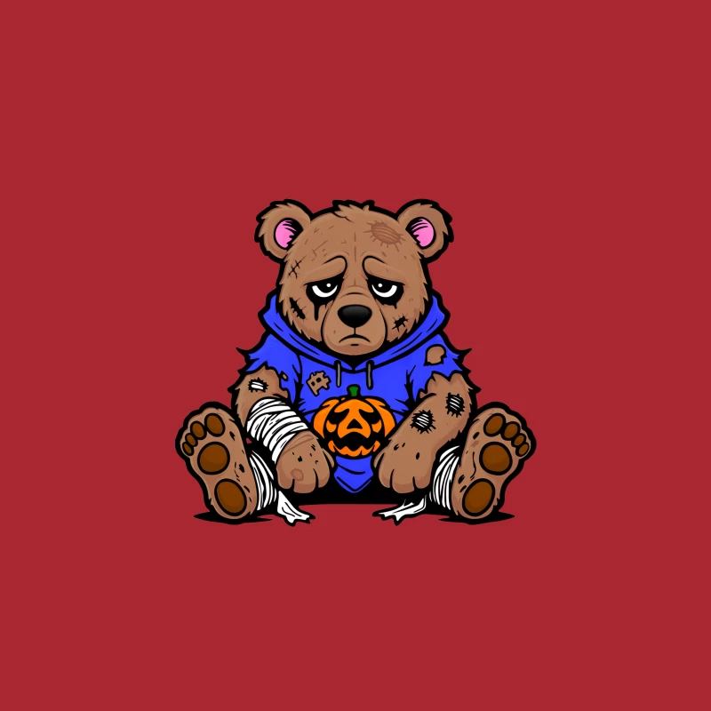 Sad Injured Teddy Bear in Blue Hoodie with Halloween Pumpkin Baseball Cap