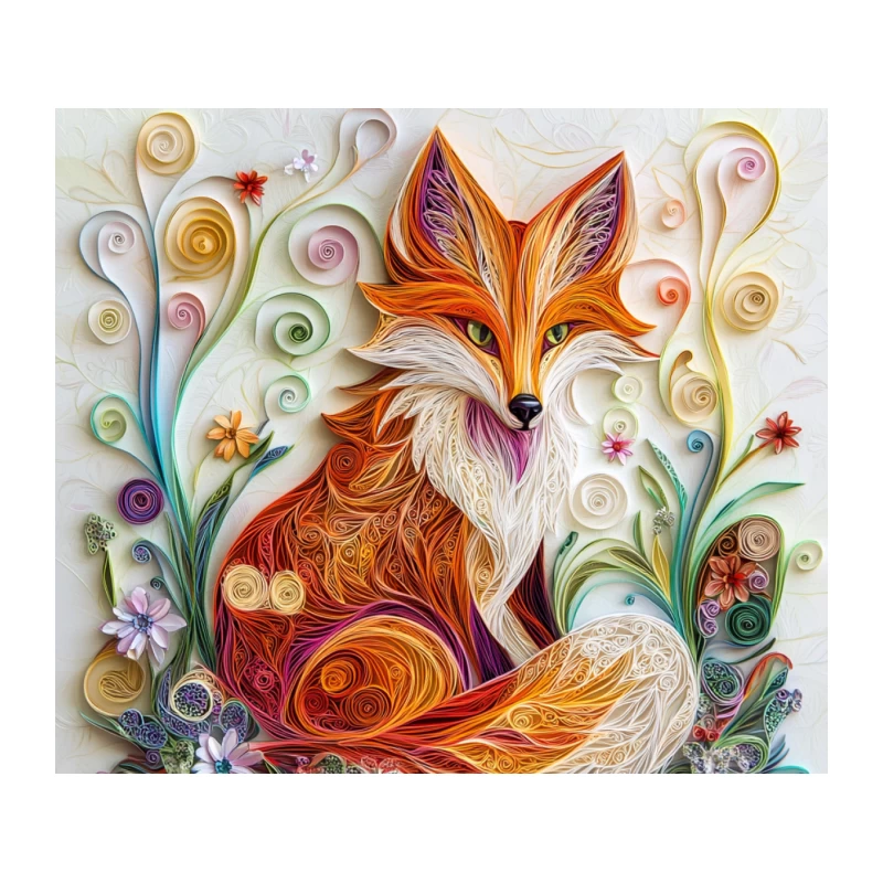 Whimsical Quilled Fox in Floral Wonderland Tapestry
