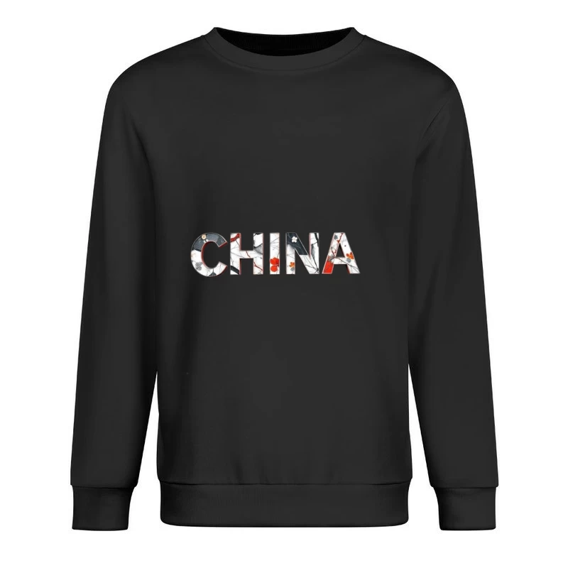 Artistic China Typography with Oriental Floral Design Male Pullover Sweatshirt