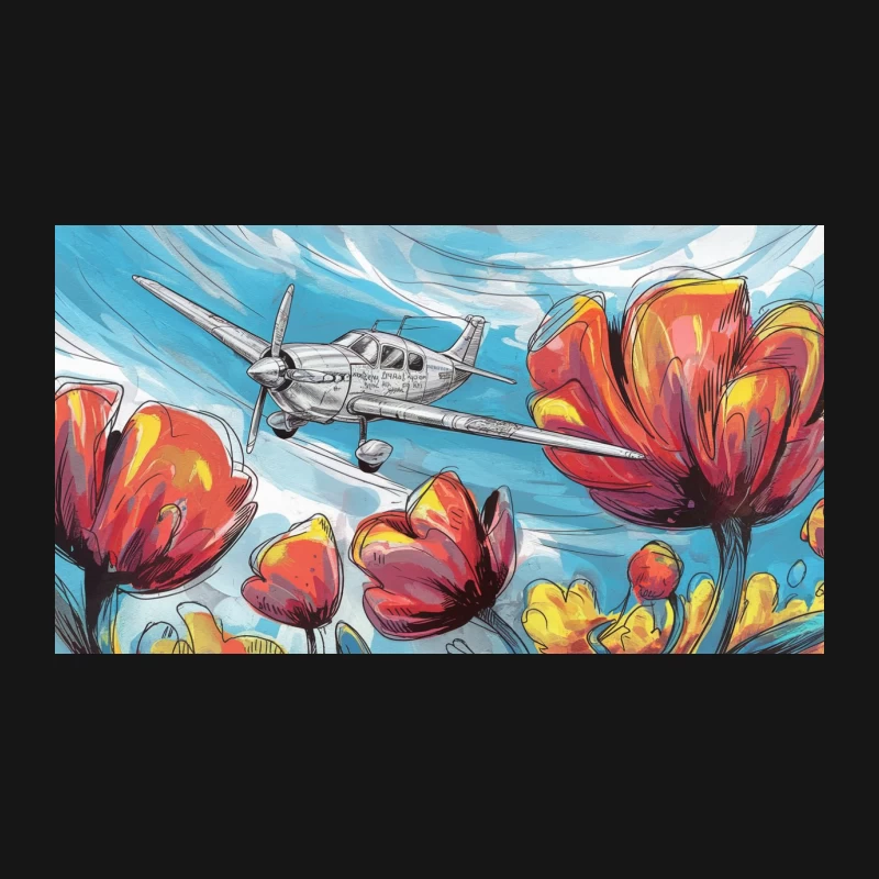 Surreal Painting of Airplane Flying Through Colorful Tulips in Sky Desk Mat