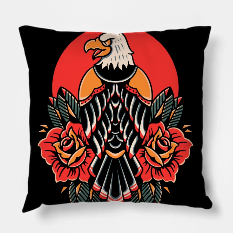 Eagle and Roses Tattoo Art Throw Pillow